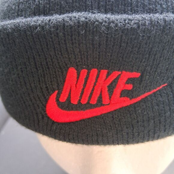 NIKE Beanie Youth Black White Red Knite Fold Over Swoosh Logo Ski Hat Cap - Picture 8 of 10